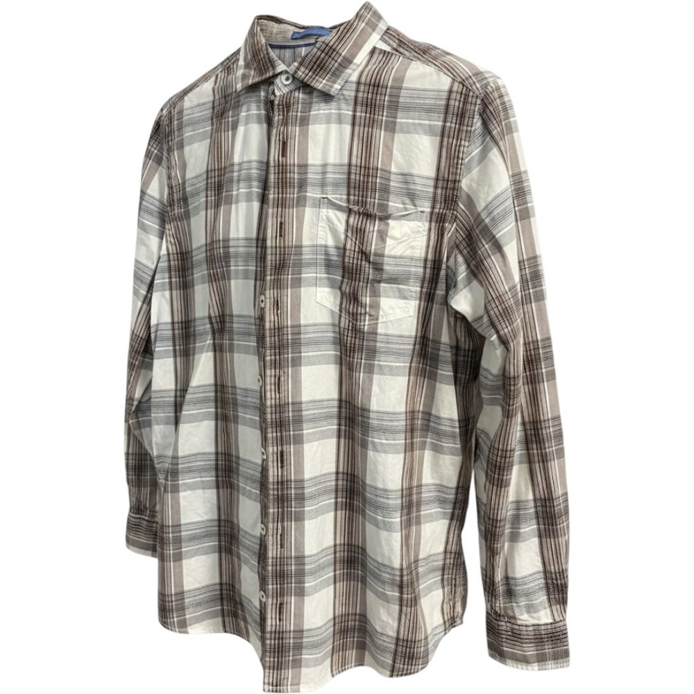 Tommy Bahama Jeans Mens Medium‎ Brown White Plaid Cotton Long Sleeve Button Down